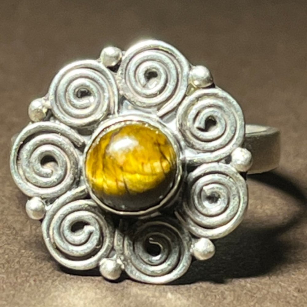 Sterling Silver Tiger Eye Swirl Flower Ring